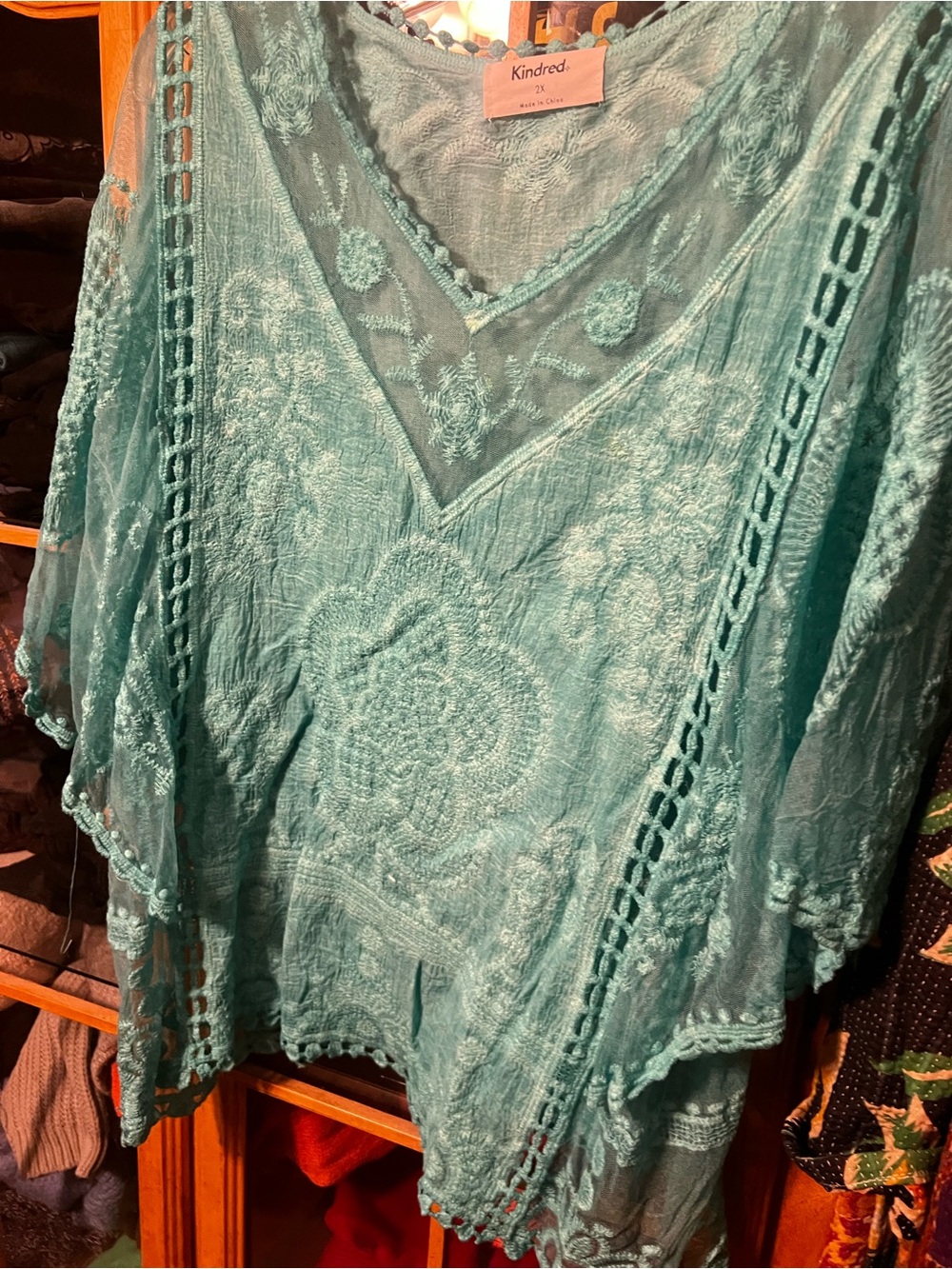 Teal Embroidered V-Neck Top